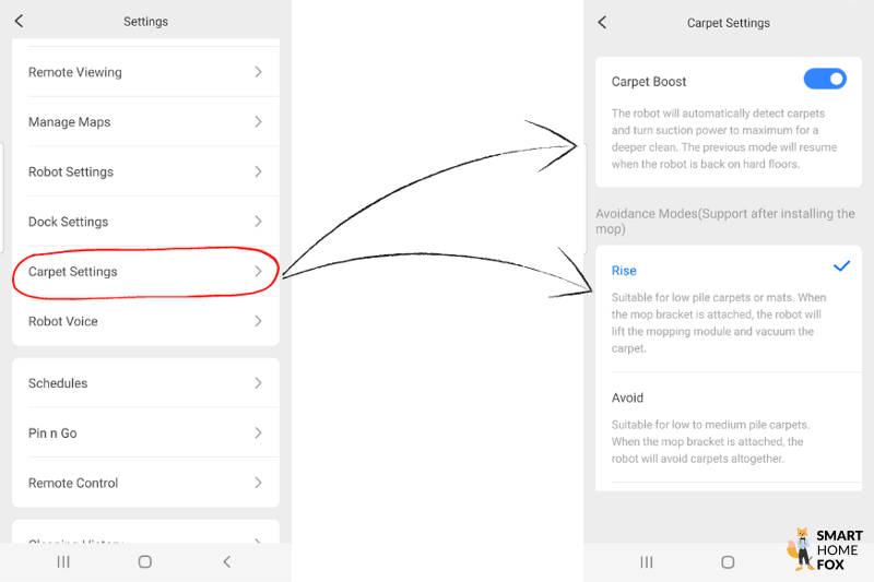 Settings for dealing with carpets are made in the Roborock S7 MaxV App.